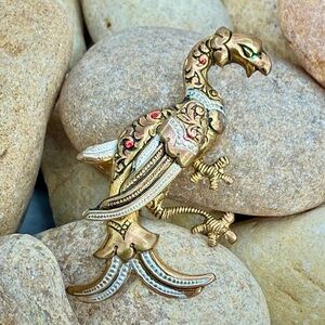 Vintage Damascene Bird Brooch | Toledo Spain Gold Black Red Enamel Parrot Pin